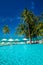 Large infinity swimming pool on the beach with palm trees