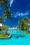 Large infinity swimming pool on the beach with palm trees and