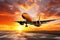 A large jet airliner takes off from an airport runway at sunset or dawn with its landing gear down