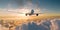 A large jetliner in flight above the clouds.