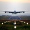 Large Jetliner Flying Over Runway at Dusk