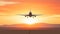 A large jetliner flying through a sunset sky, AI