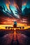 Large jetliner sitting on top of airport tarmac at sunset. Generative AI