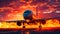 Large jetliner taking off from airport runway with sunset in the background. Generative AI