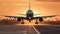A large jetliner taking off from airport runway at sunset or dawn with the landing gear down and the landing gear down, as the