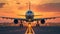 A large jetliner taking off from airport runway at sunset or dawn with the landing gear down and the landing gear down, as the