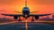 A large jetliner taking off from airport runway at sunset or dawn with the landing gear down and the landing gear down, as the