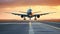 A large jetliner taking off from airport runway at sunset or dawn with the landing gear down and the landing gear down, as the