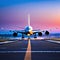 large jetliner taking off from anrport runway at sunset or dawn with the landing