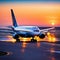 large jetliner taking off from anrport runway at sunset or dawn with the landing