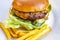 Large juicy burger and delicious crunchy french fries on a white plate. Extreme close-up image top view