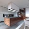 Large kitchen in a modern Scandinavian style, white and wooden furniture facade. Large kitchen island with a hood over it
