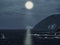 Large lagoon in the ocean under the moon and ship in the beam of the lighthouse.