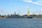 Large landing ship `Minsk` in the Neva river near the Peter and Paul fortress. Navy day in St. Petersburg