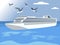 A large liner floats on the sea, a good vacation. In minimalist style. Cartoon flat vector