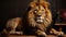 a large lion laying on top of a wooden floor next to a table. generative ai