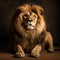 a large lion sitting on top of a brown floor next to a black background. generative ai