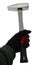 Large locksmith hammer held in left hand in thin black nylon/spandex glove with red outline, white background