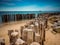 Large logs planted on the sandy beach provide a barrier against sea wave erosion