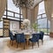 Large luxurious dining table in the large living room with high ceilings in a modern classic style with blue chairs and a white