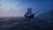 A large medieval ship in the sea in the fog floats to a desert rocky island. 3D Rendering