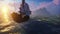 A large medieval ship at sea at sunrise. An ancient medieval ship sails to a deserted rocky island. 3D Rendering