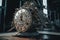 A large metal clock sitting on top of a table. AI generative image.