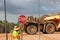 Large mine vehicle on red road near Weipa FNQ Australia