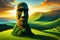 Large Moai Covered With Green Grass Towered In Front Of The Traveler. Digital Art Style. Generative AI