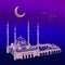 A large mosque building on the background of a starry sky and a bright moon. Digital illustration