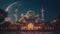 A large mosque lit up at night with the moon in the background. Generative AI image.
