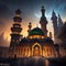 a large mosque with many towers and lights on it