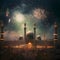 A large mosque, people gathered and a fireworks display. New Year\\\'s fun and festiv