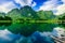 Large mountain with blue sky and reflection from the water.