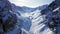 Large mountains and rocks covered with snow. Long gorge. The dam is covered with snow.