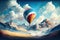 A large multi-colored balloon in the sky with clouds in a mountainous area. Generative AI