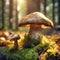 Large mushroom in the moss on the forest floor. Small mushrooms next to it. Mystical