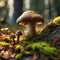 Large mushroom in the moss on the forest floor. Small mushrooms next to it. Mystical