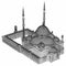 A large Muslim mosque, a three-dimensional raster illustration with contour lines highlighting the details of construction. The bu