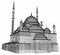 A large Muslim mosque, a three-dimensional raster illustration with contour lines highlighting the details of construction. The bu