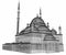 A large Muslim mosque, a three-dimensional raster illustration with contour lines highlighting the details of construction. The bu