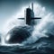 A large nuclear submarine breaks through raging waves of the sea