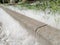 A large number of poplar fluff on the asphalt at the footpath. Curb and grass covered with white fluff. Flowering trees