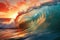 The large ocean wave hitting the shore at sunset. Generative AI