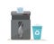 Large office floor shredder full of cut paper and a basket for recycling paper waste on white background. Recycle bin with sign of