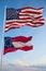 Large official Flag of US and Confederate States of America July 1861 - November 1861 at cloudy sky background. United states of