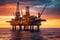 Large Offshore oil rig drilling platform at sunset and beautiful sky. Generative Ai