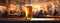 Large Oktoberfest beer in a mug on a wood table, panoramic view. Generative AI