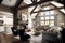 Large open concept great room with fireplace and wooden beams