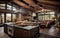 A Large Open Kitchen With Wood Dlooring Granite Counter Tops And Open Shelving Background